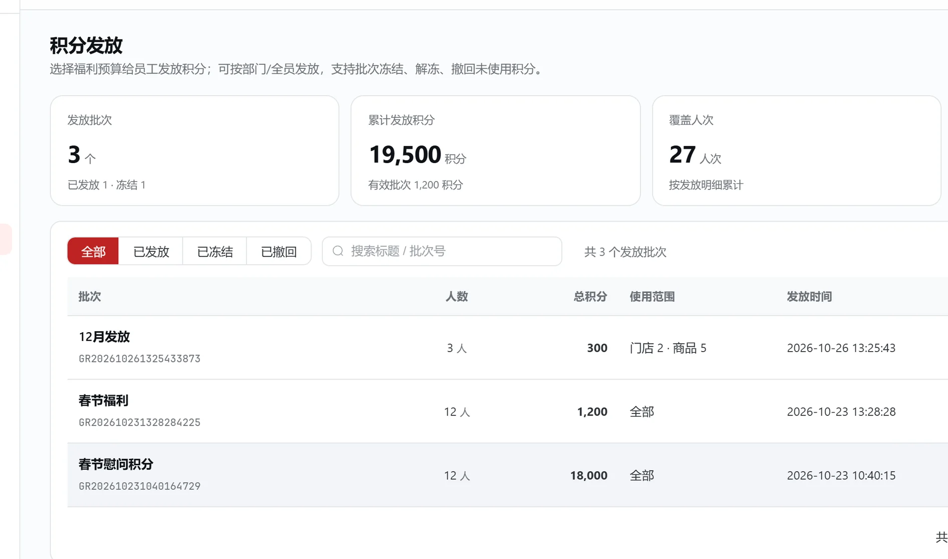 管理后台「积分发放」截图：批次号、标题、人数、总积分、状态与发放时间