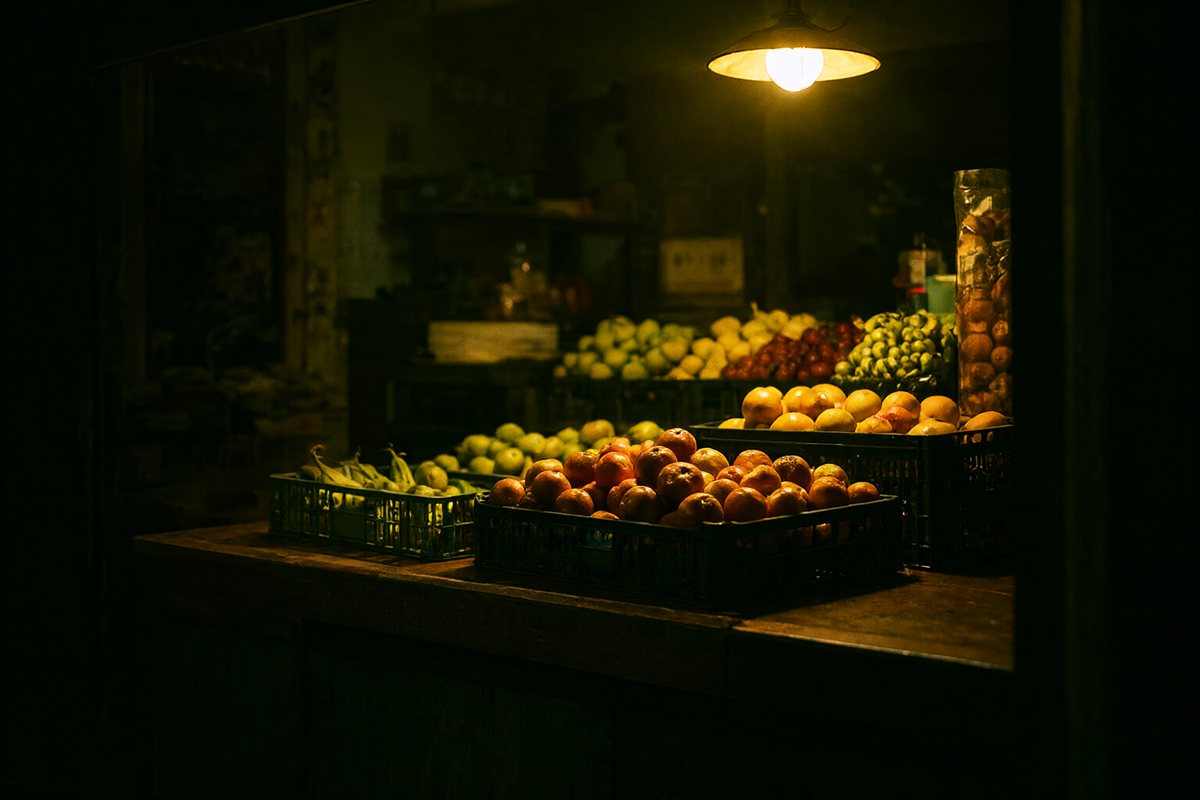 夜间的社区生鲜门店,收银台上摆着核销台设备